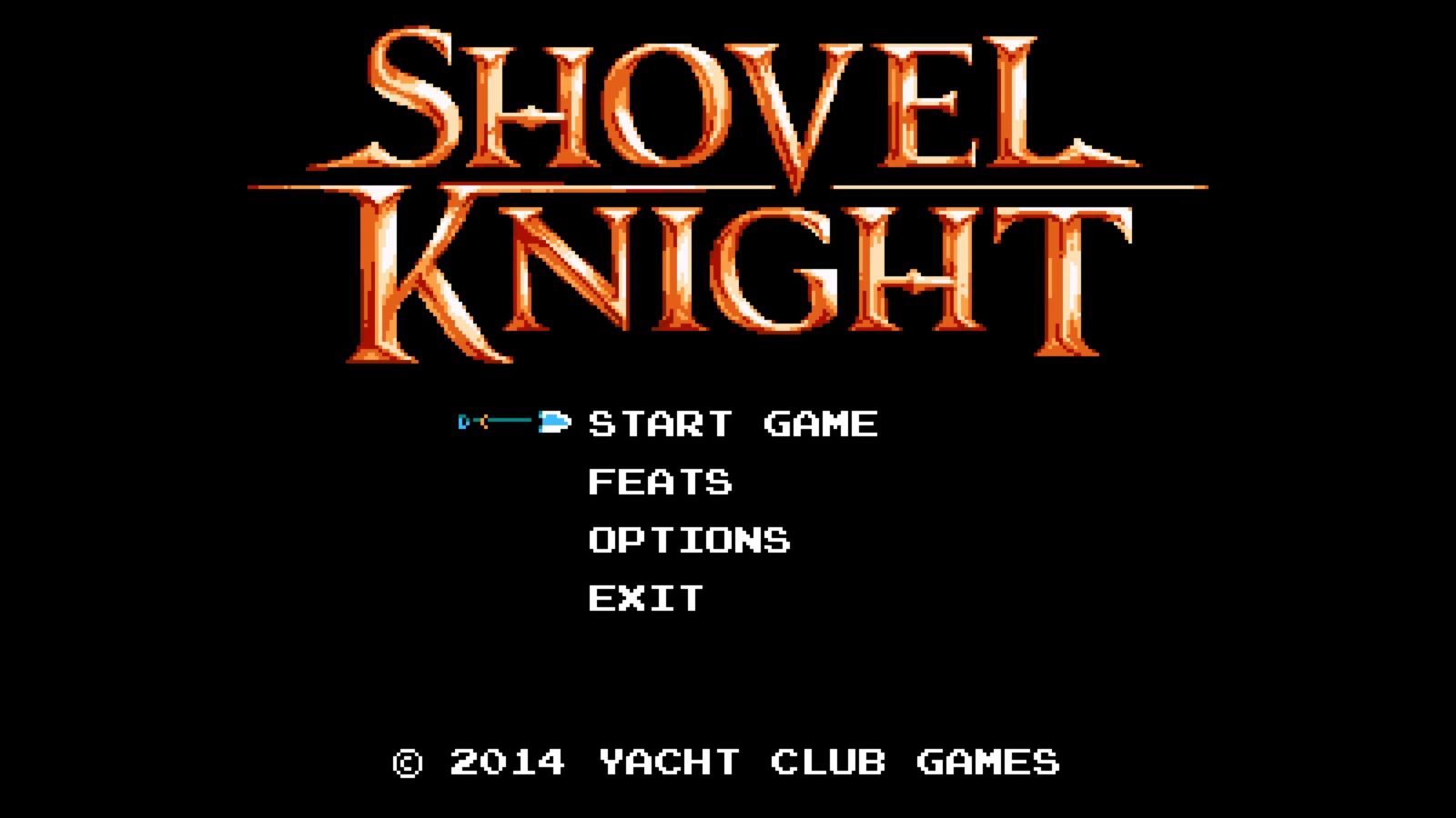 Shovel Knight's Main Menu Screen offers the following menu:  START GAME, FEATS or OPTIONS.